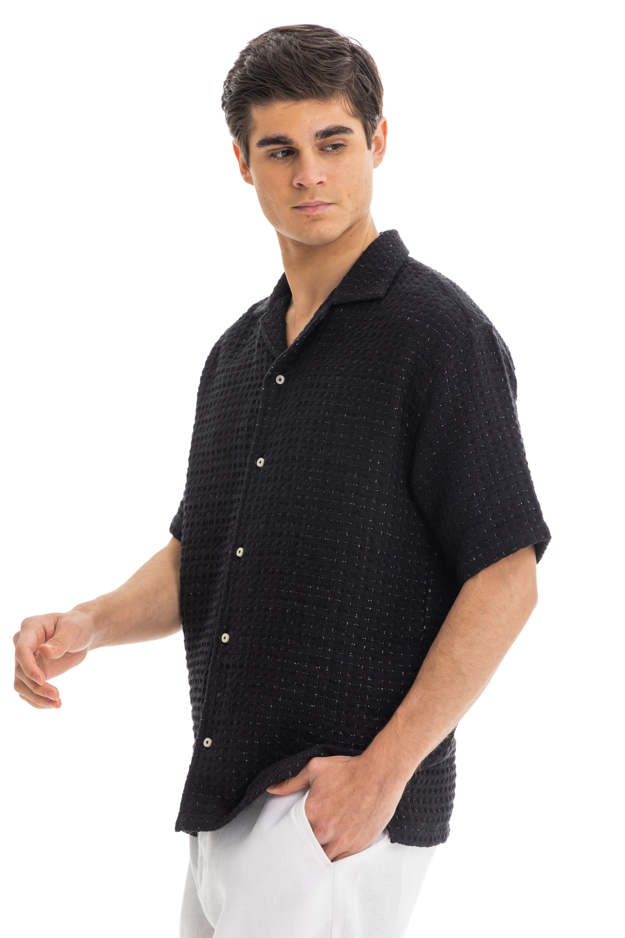 Black Honey-Comb Cuban Shirt Black Honey-Comb Cuban Shirt