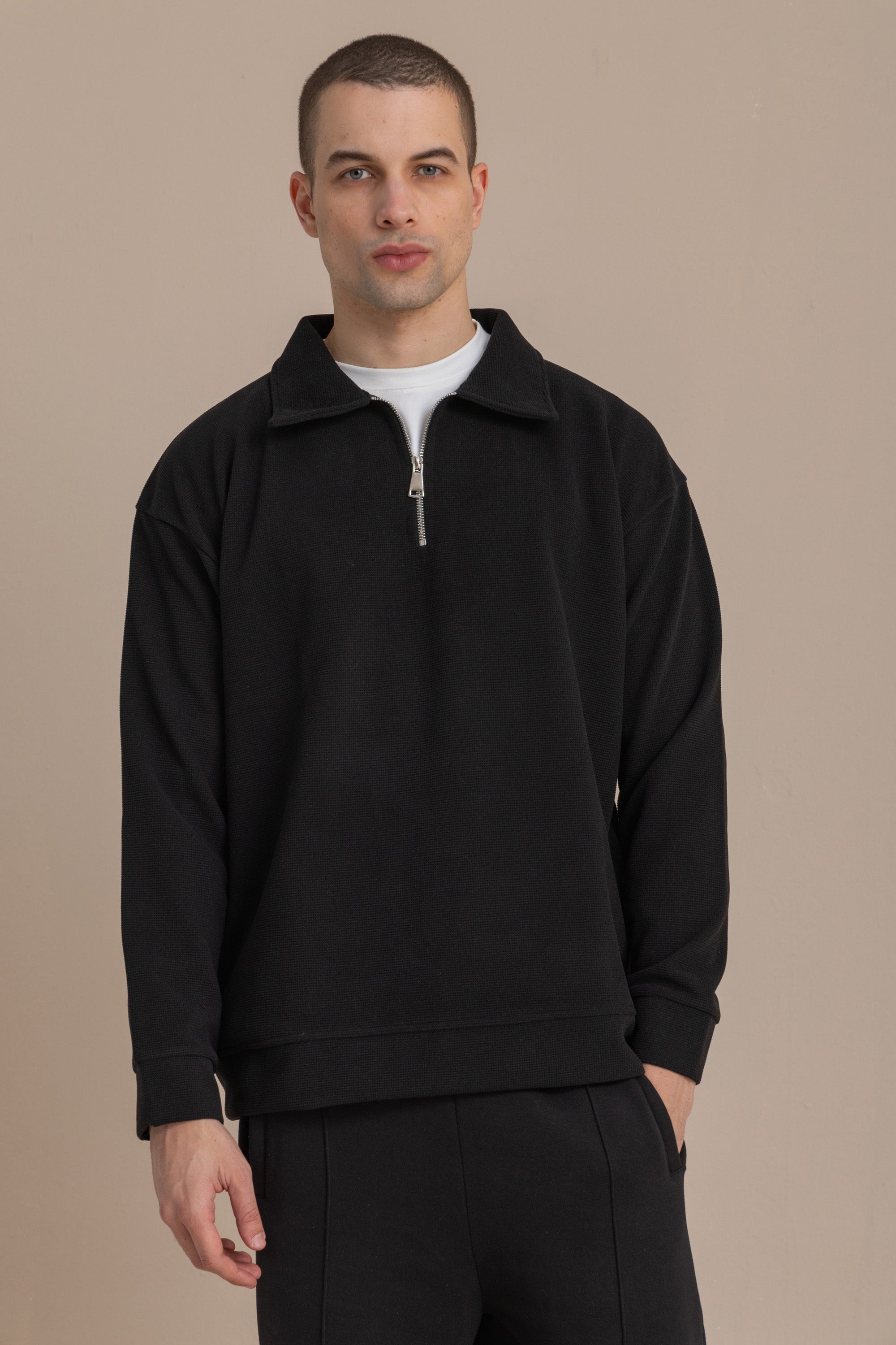 Black Textured Quarter Zipper