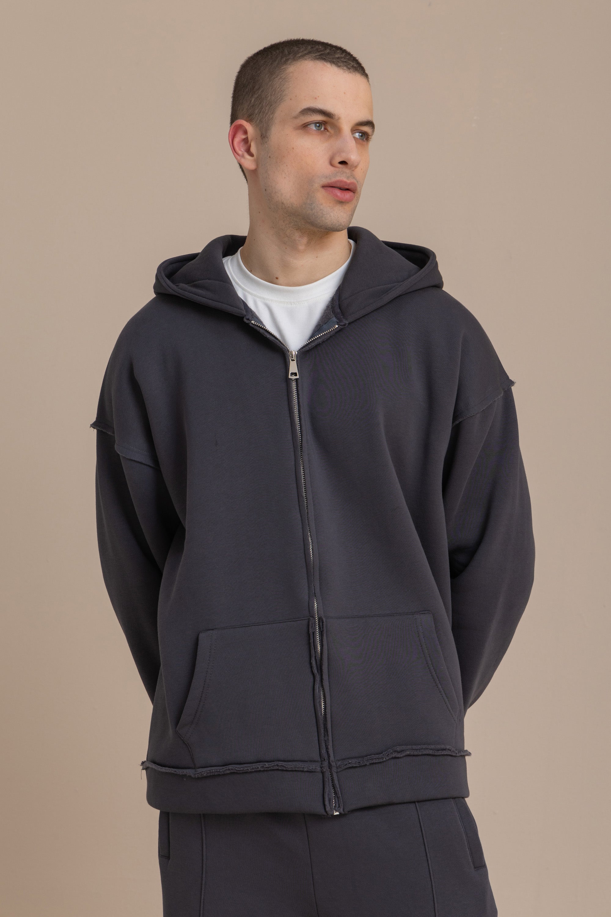 Charcoal Zip Up Distressed Hoodie