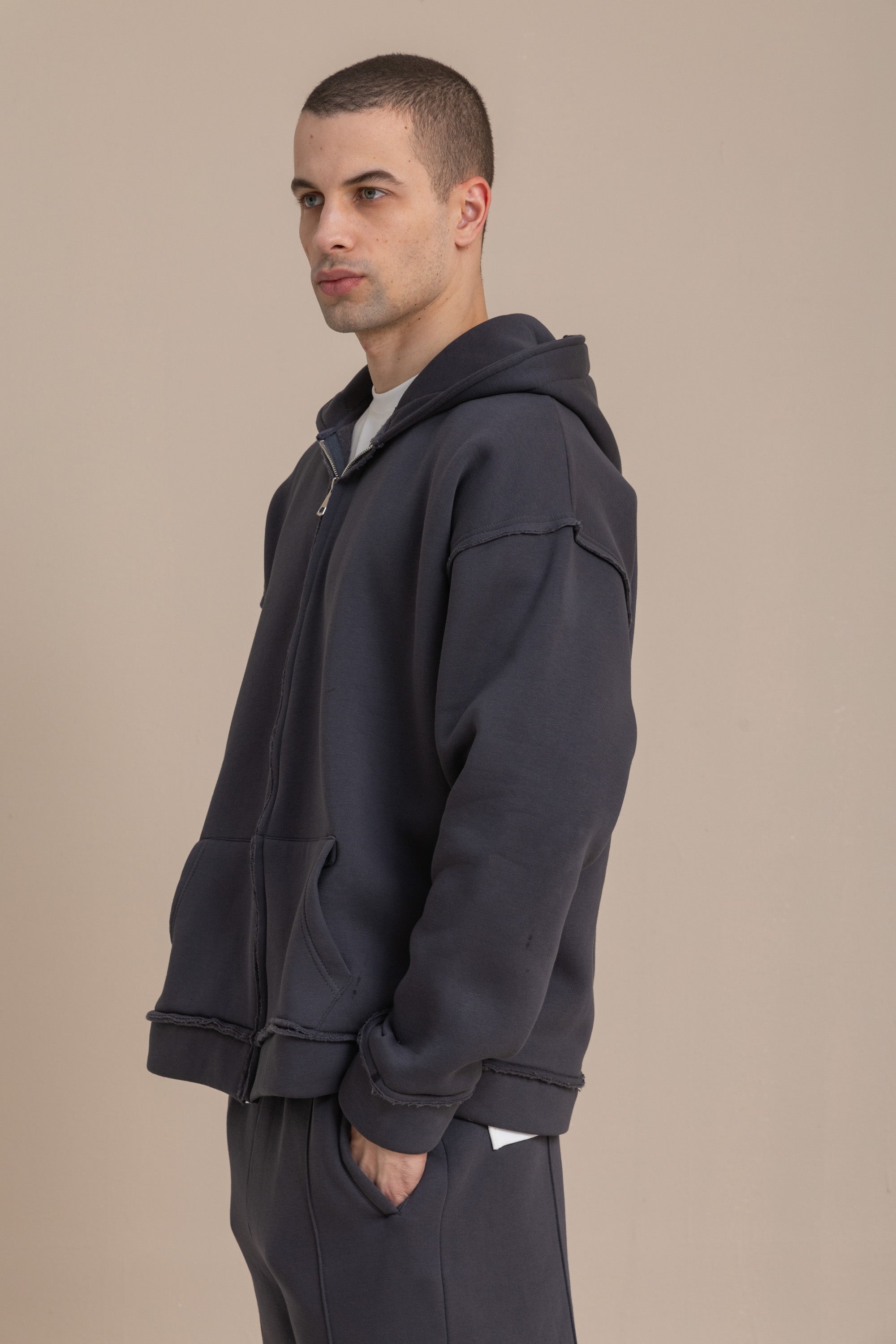 Charcoal Zip Up Distressed Hoodie Charcoal Zip Up Distressed Hoodie