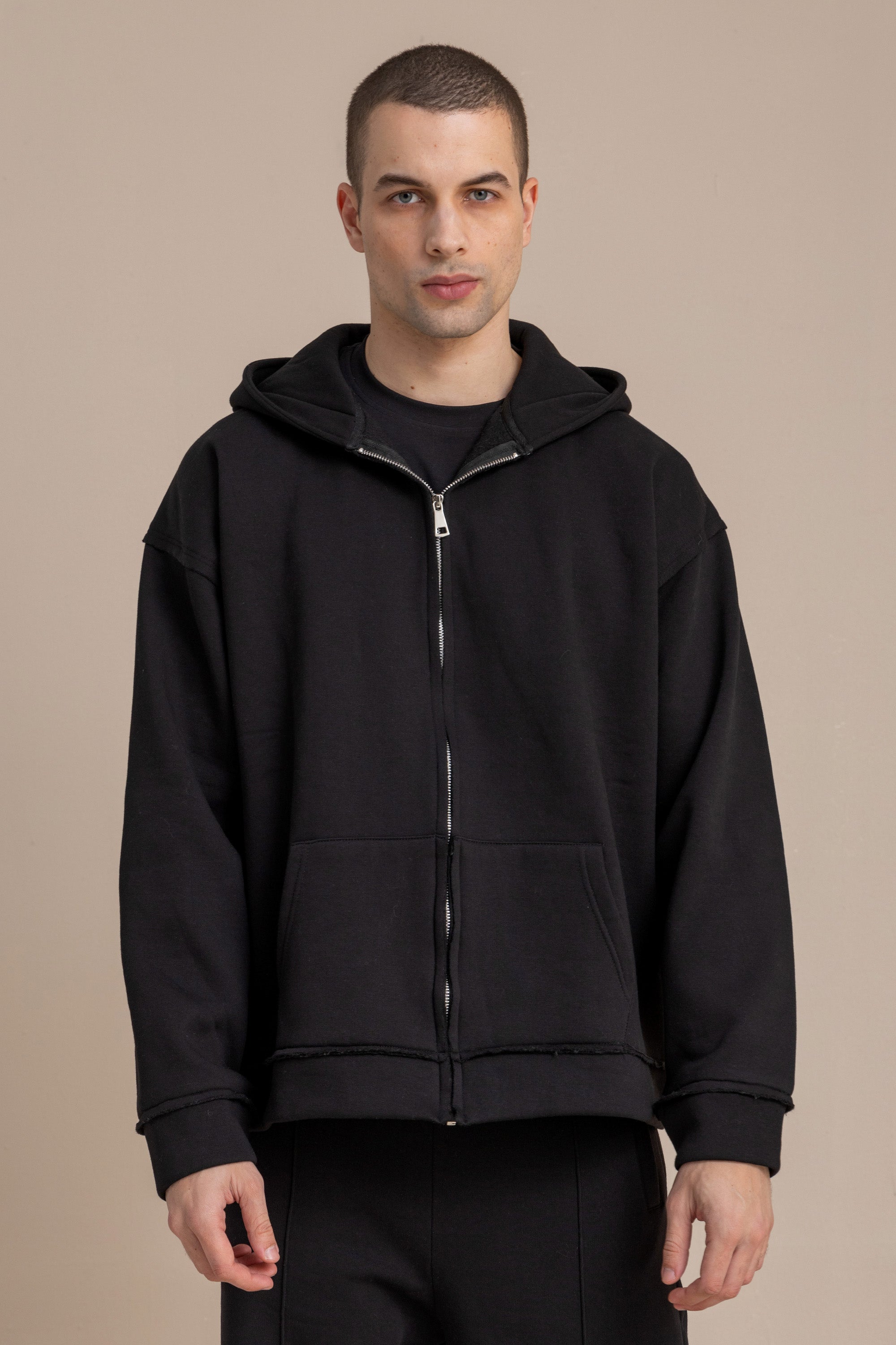 Black Zip Up Distressed Hoodie