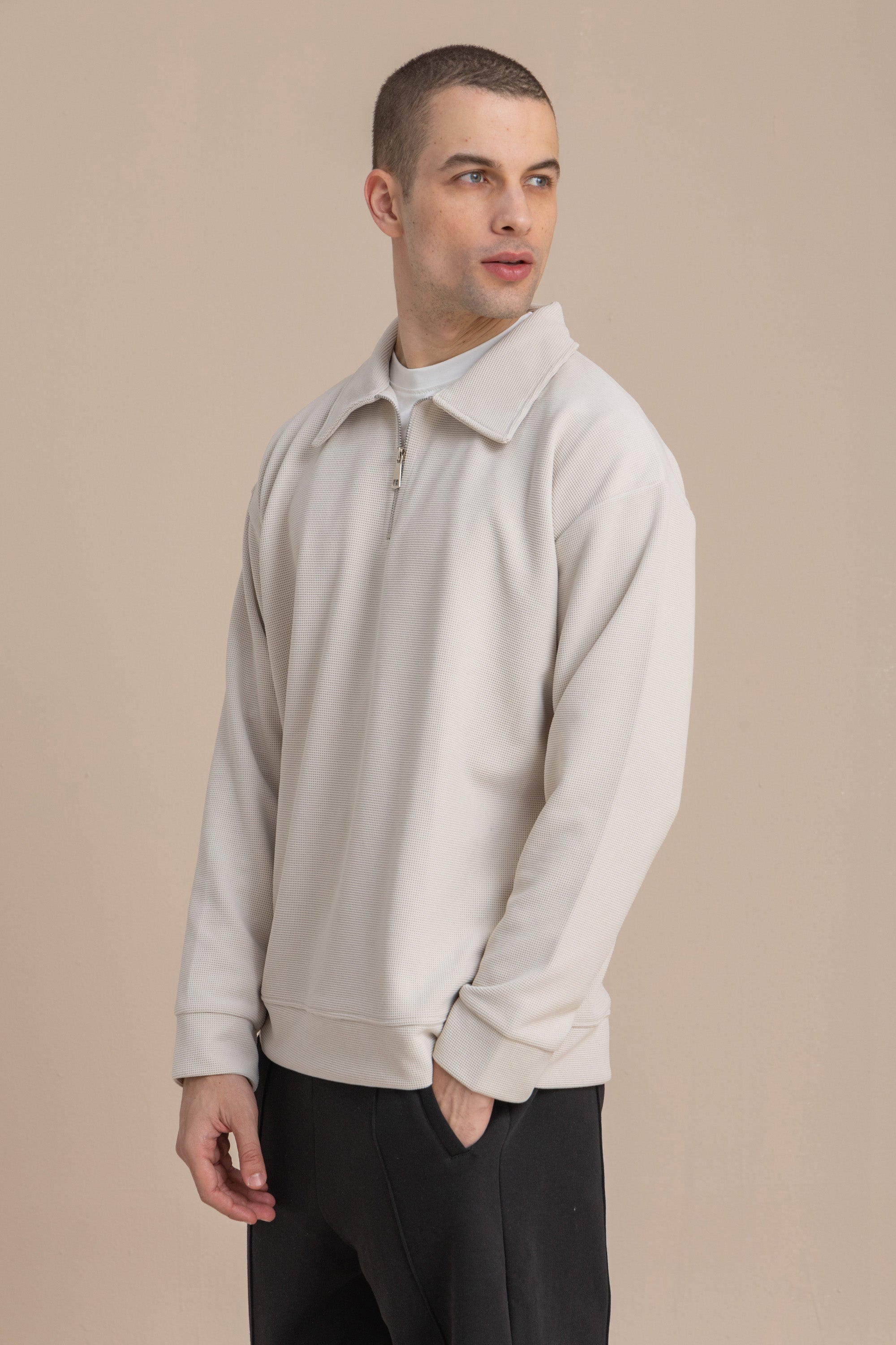 Off-White Textured Quarter Zipper Off-White Textured Quarter Zipper