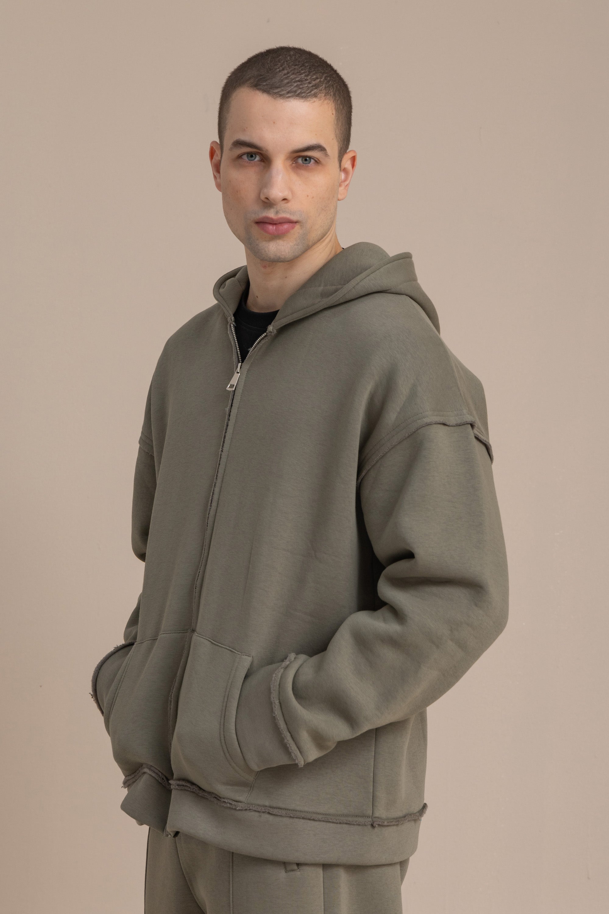 Olive Zip Up Distressed Hoodie Olive Zip Up Distressed Hoodie