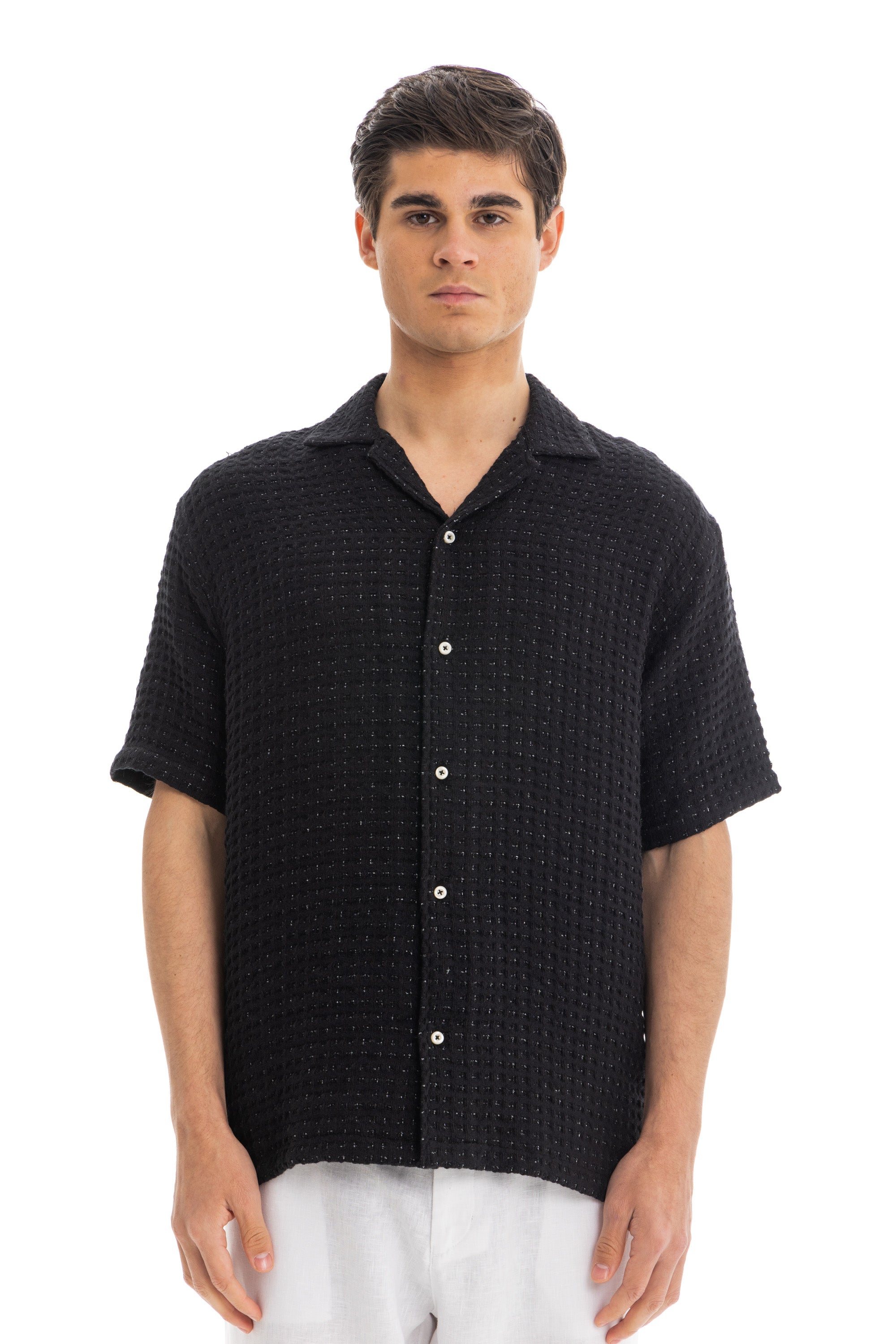 Black Honey-Comb Cuban Shirt