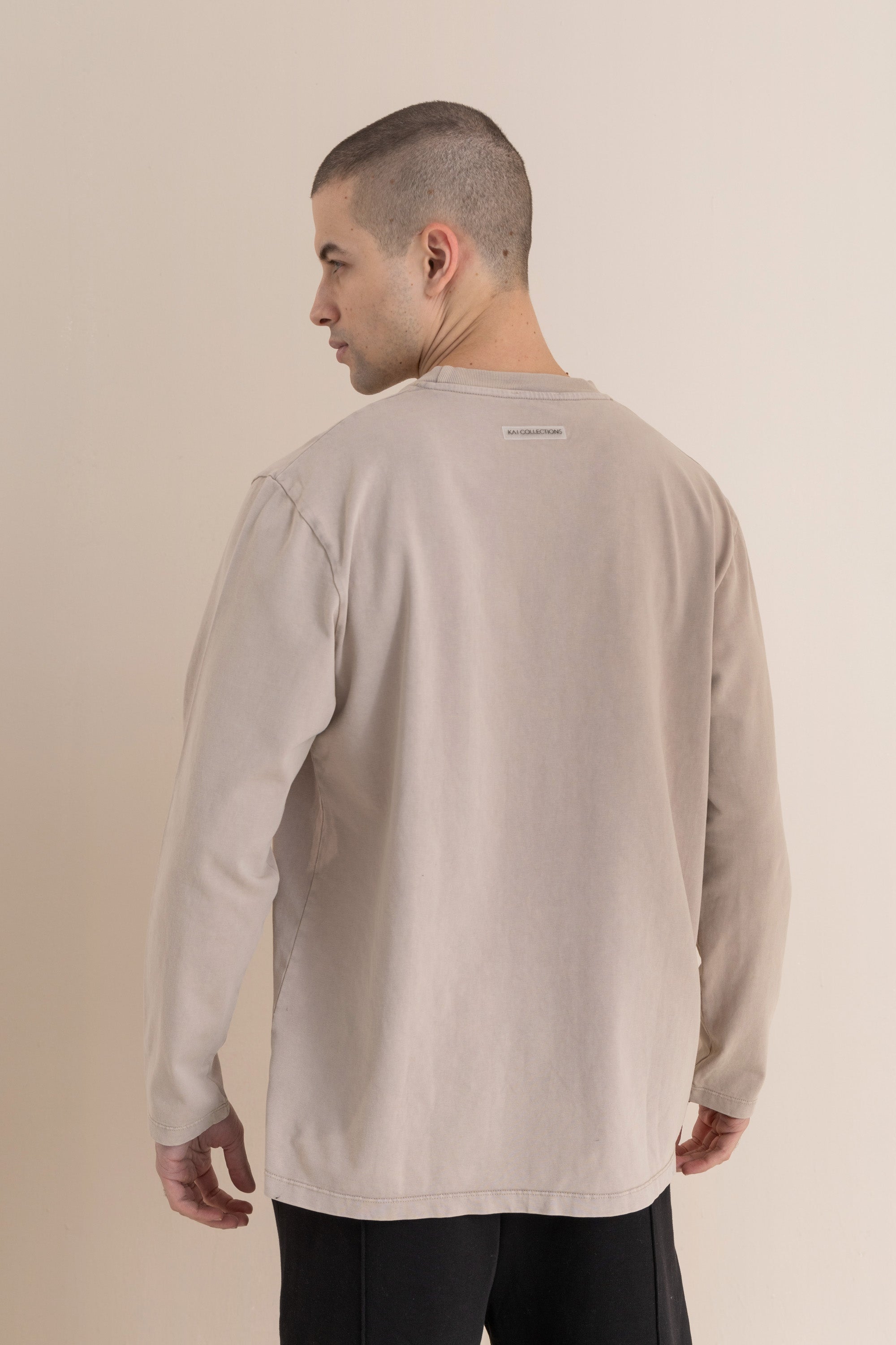 Beige Acid Wash Long Sleeve T-Shirt