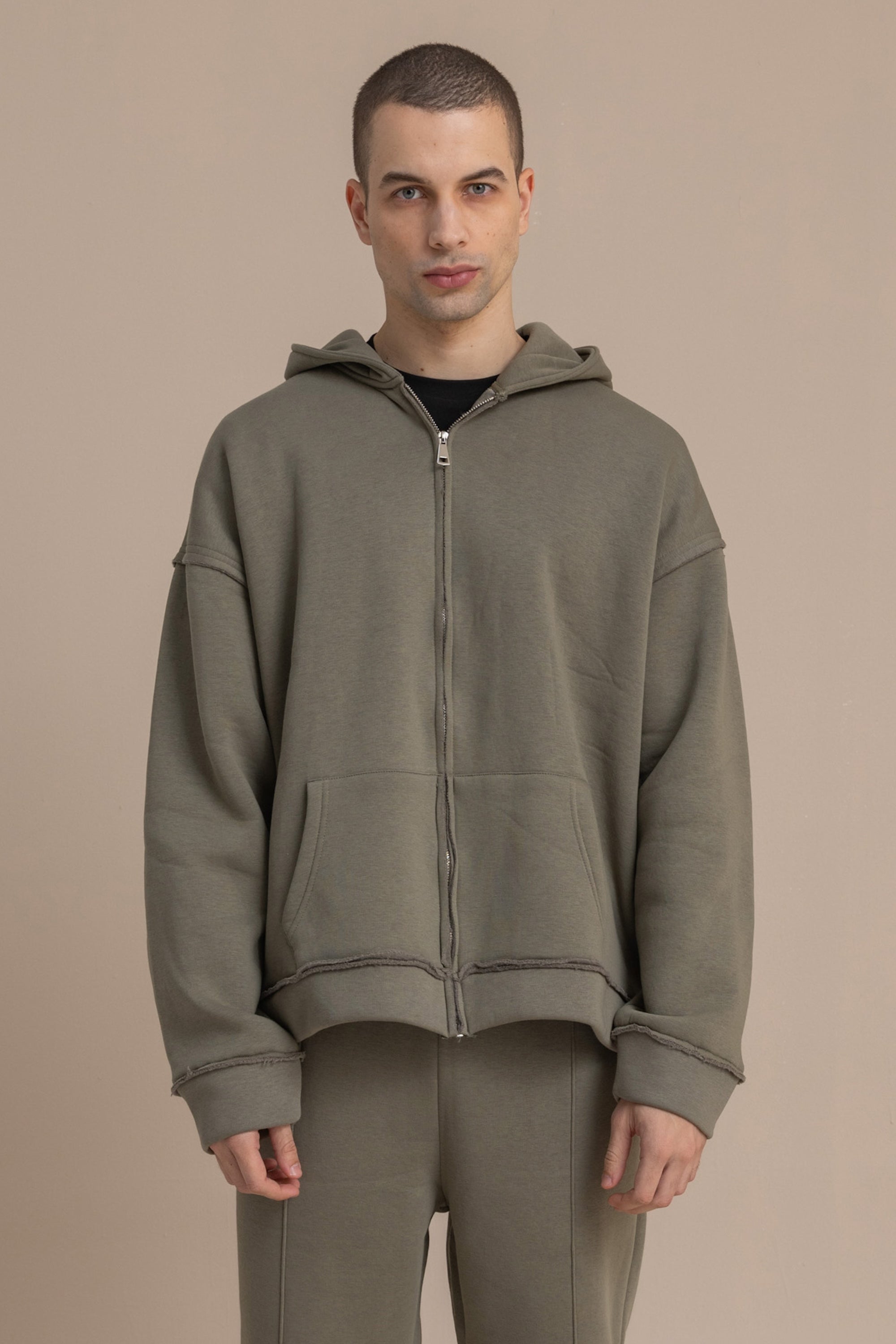 Olive Zip Up Distressed Hoodie