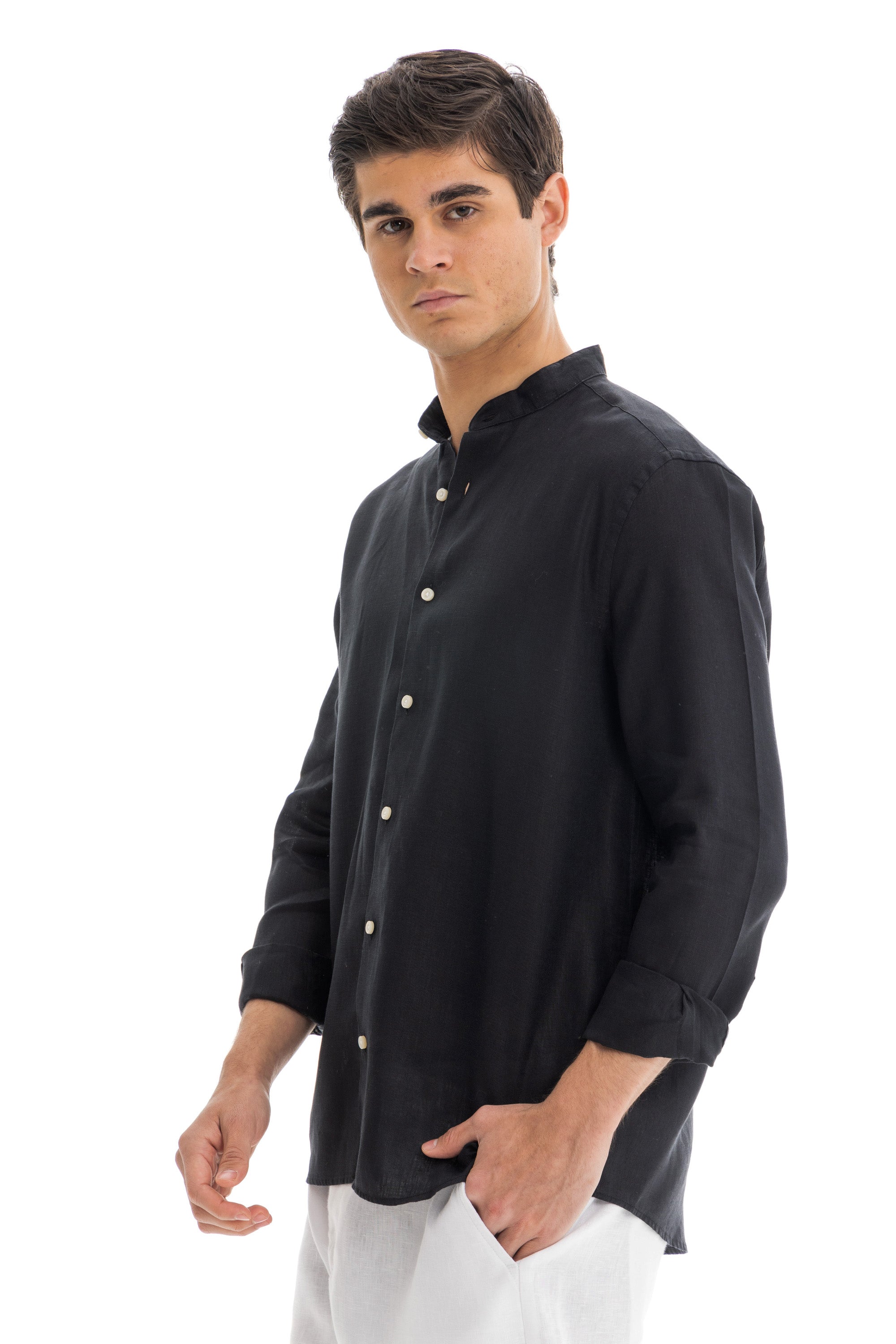Black Semi Collar Linen Shirt